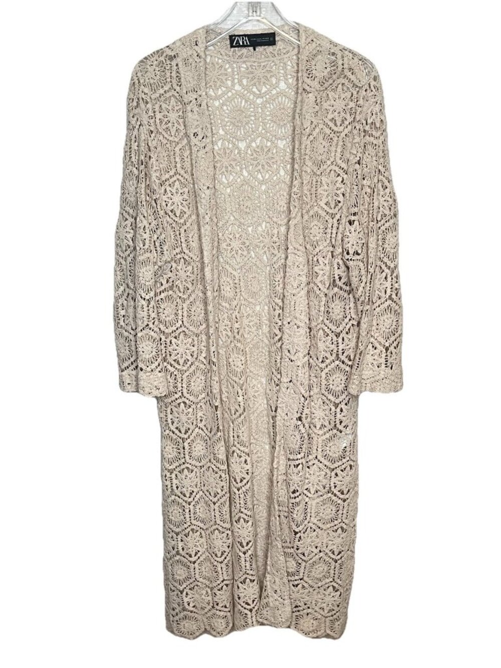 Zara Crochet Lace Duster Cardigan M/L Beige Boho Long Open Front Cover Up